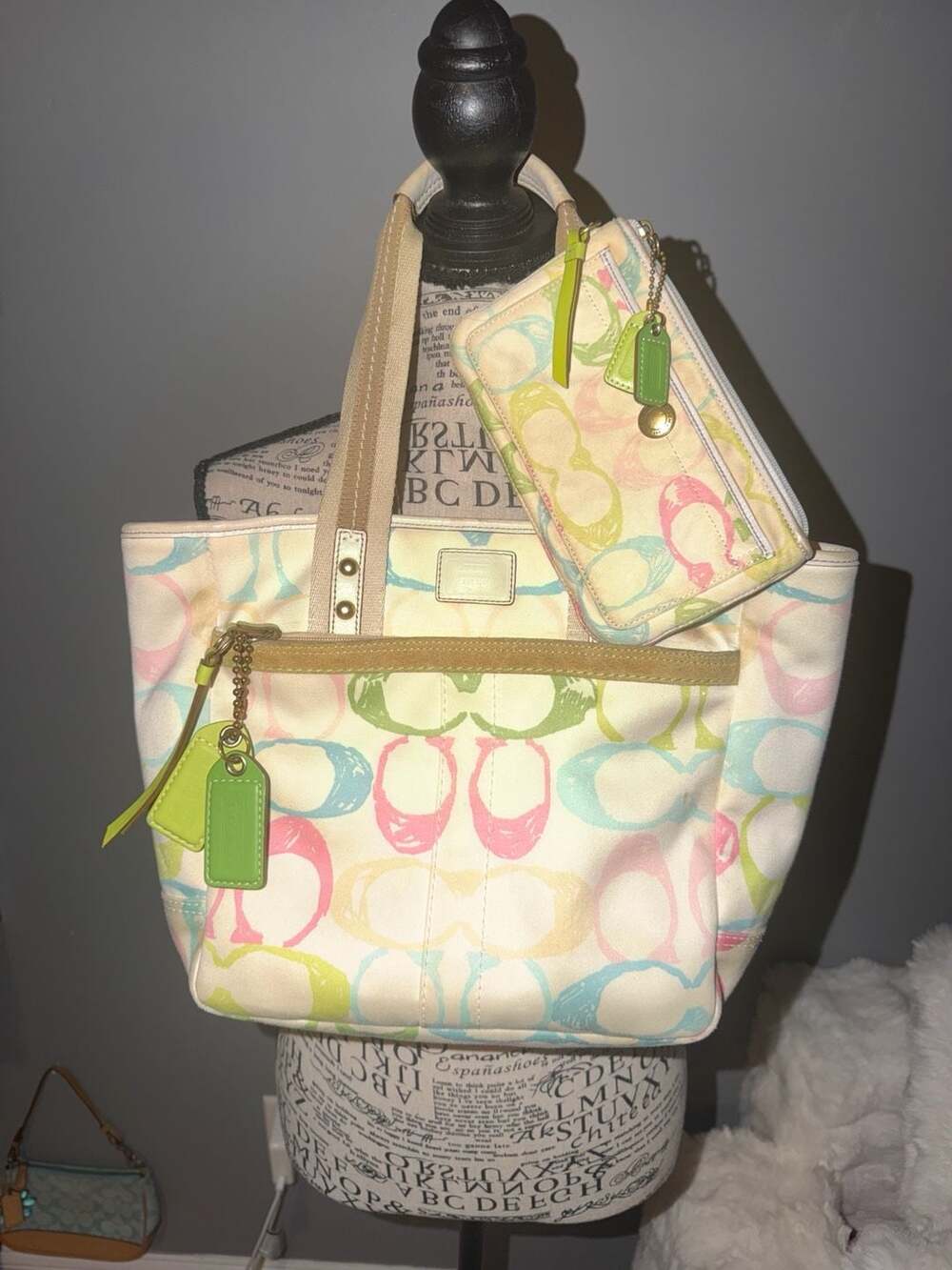 Vintage Coach Pastel Scribble Logo Square Shoulder Purse & Matching Wristlet